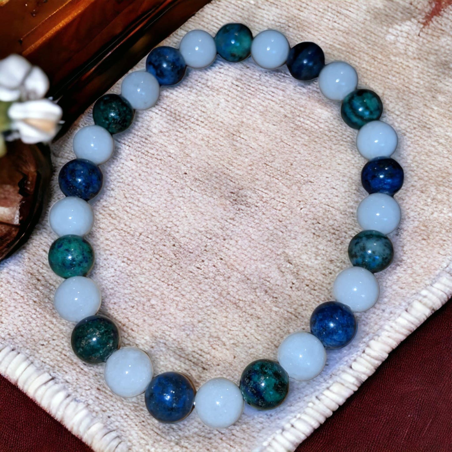 Blue Green Chrysocolla and White Jade Bracelet