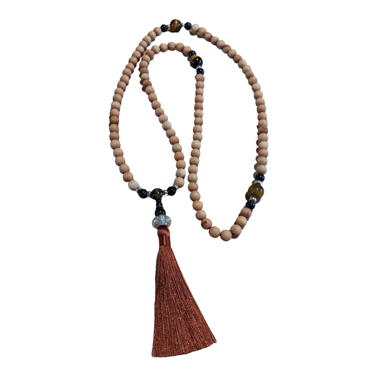 Mala: Sandalwood with Black and Brown Tiger Eyes and a Brown Tassel