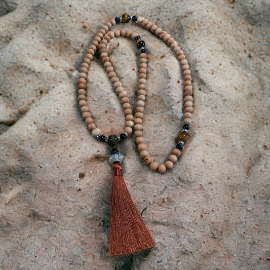 Mala: Sandalwood with Black and Brown Tiger Eyes and a Brown Tassel