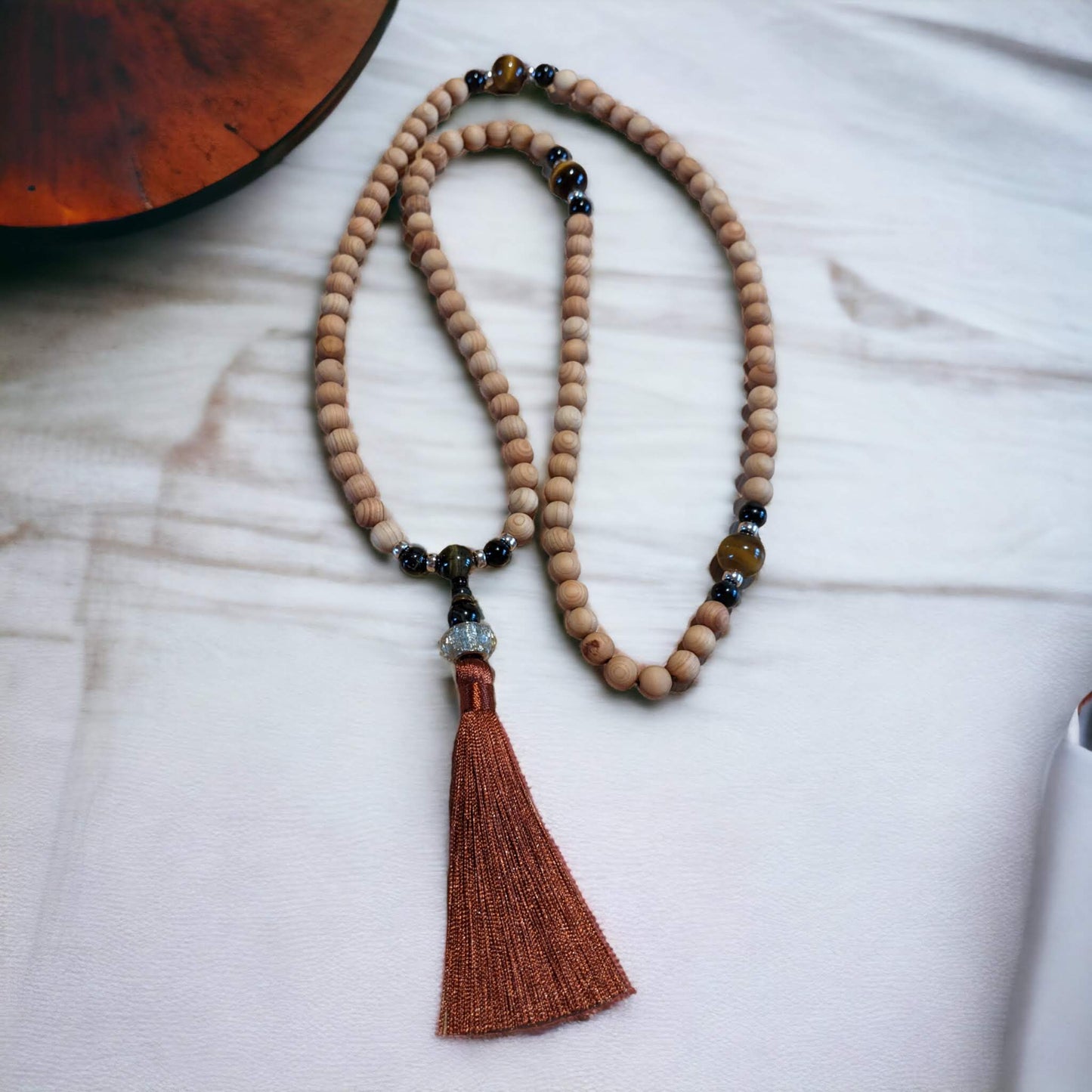 Mala: Sandalwood with Black and Brown Tiger Eyes and a Brown Tassel