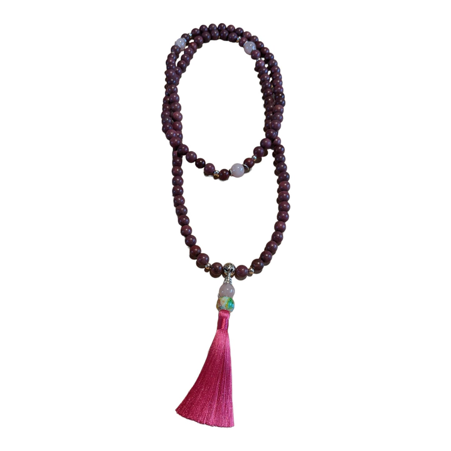 Mala: Rosewood with Rose Quartz and Pink Tassel