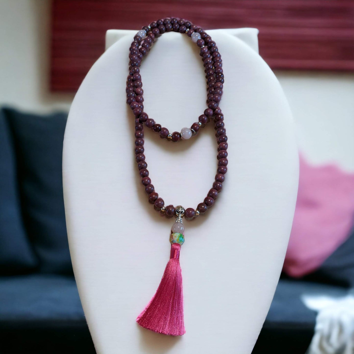 Mala: Rosewood with Rose Quartz and Pink Tassel