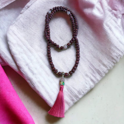 Mala: Rosewood with Rose Quartz and Pink Tassel