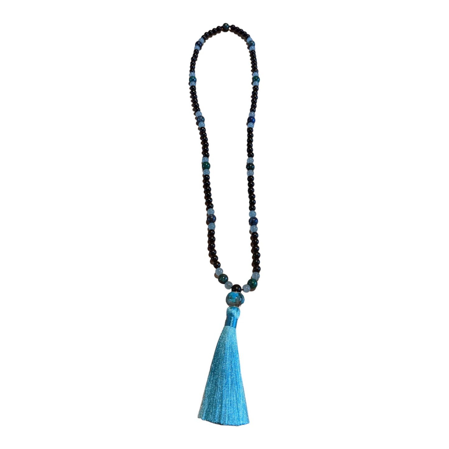 Mala: Mahogany with Blue Green Chrysocolla and Blue Jade with Blue Tassel