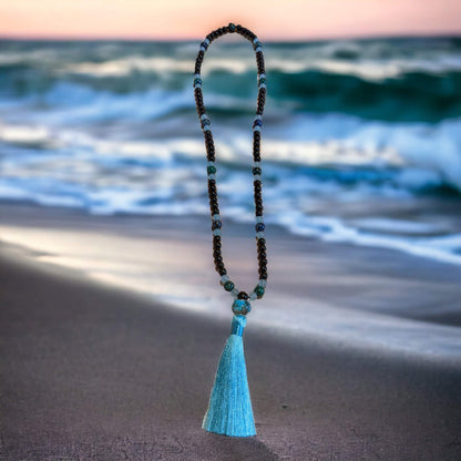 Mala: Mahogany with Blue Green Chrysocolla and Blue Jade with Blue Tassel