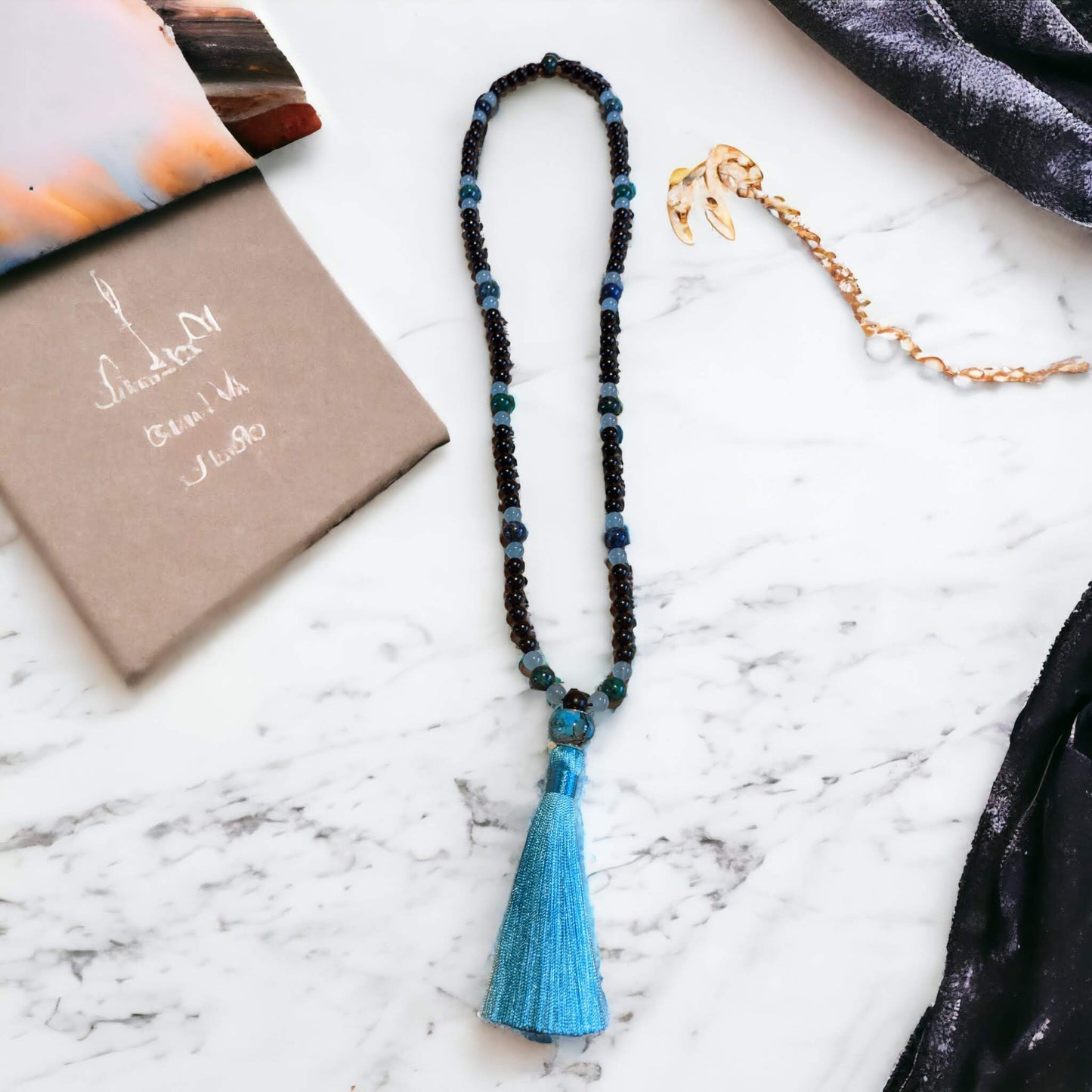 Mala: Mahogany with Blue Green Chrysocolla and Blue Jade with Blue Tassel