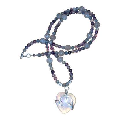 Necklace: Rainbow Fluorite & Dragon Vein Agate with Opalite Heart Charm