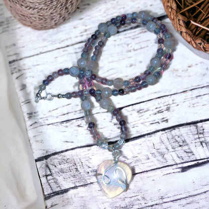 Necklace: Rainbow Fluorite & Dragon Vein Agate with Opalite Heart Charm