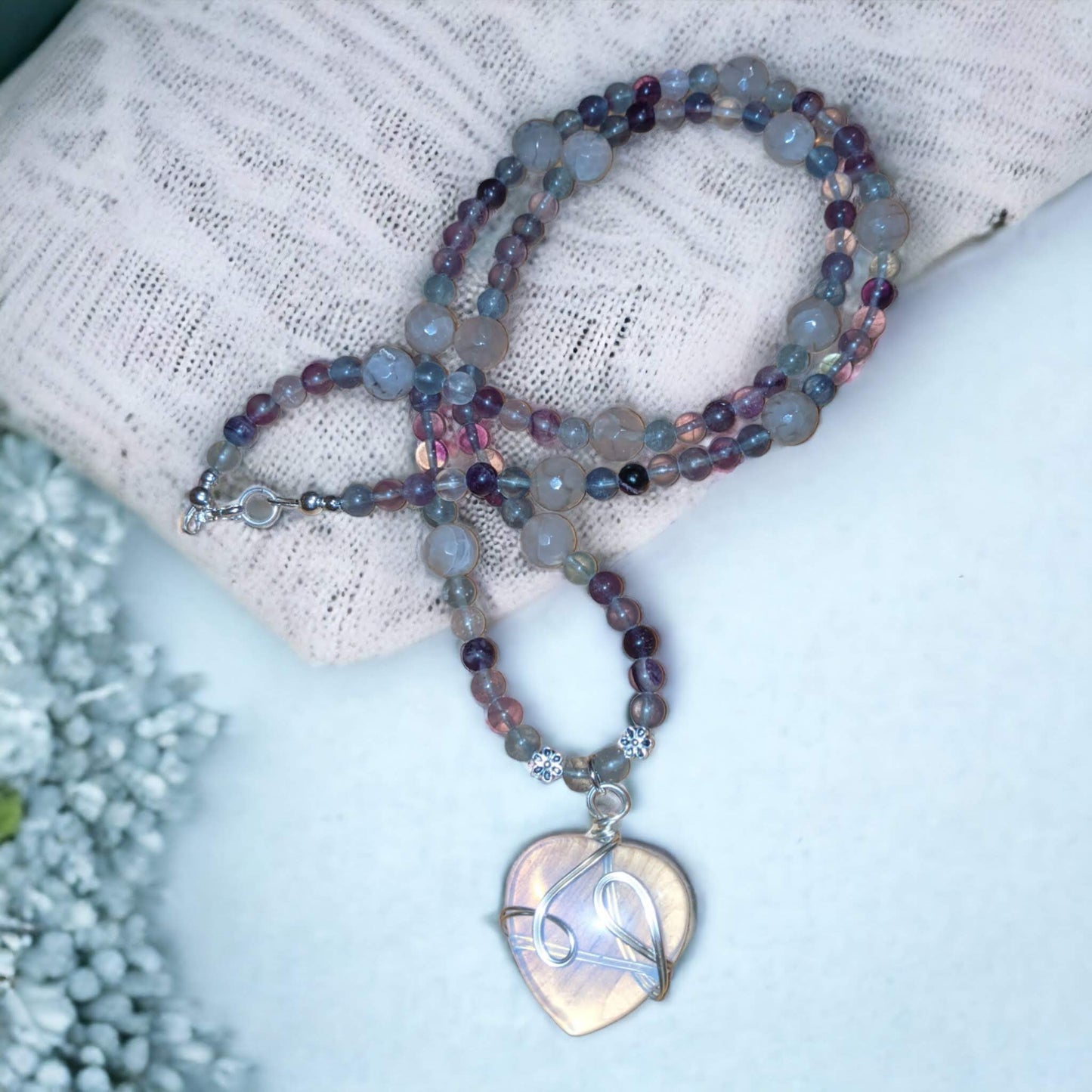 Necklace: Rainbow Fluorite & Dragon Vein Agate with Opalite Heart Charm