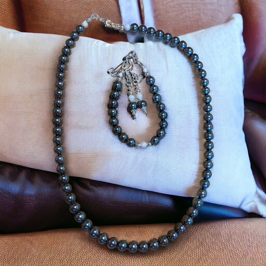 JEWELRY SET: PEARLS Dark Grey Necklace, Bracelet and Earrings