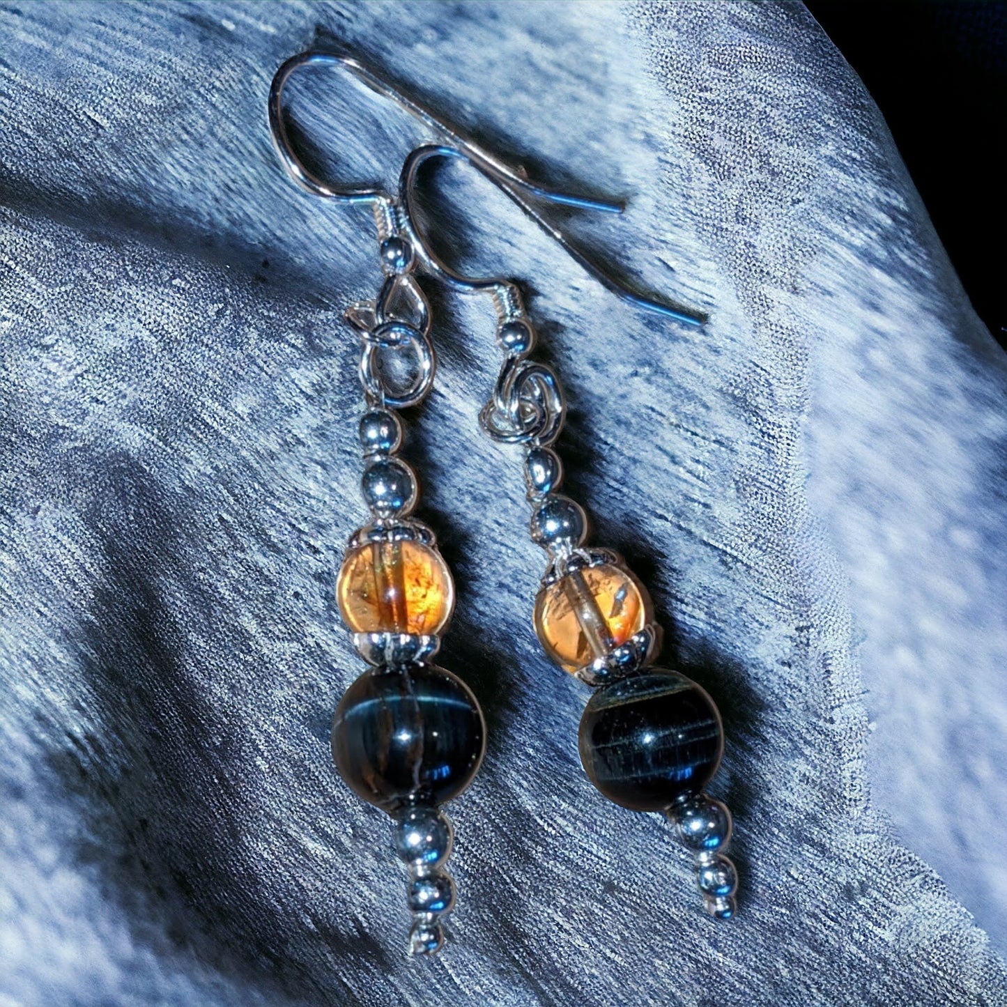 Blue Tiger Eye and Citrine Earrings