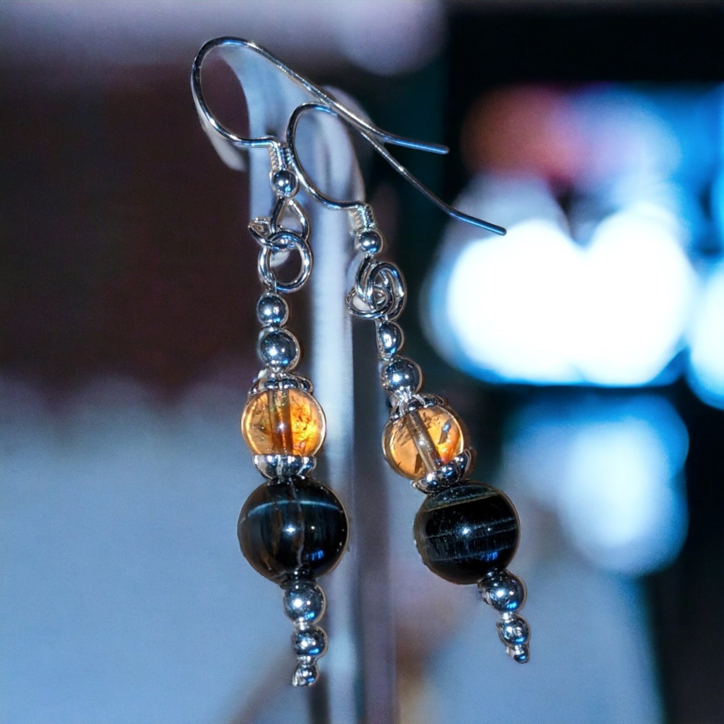 Blue Tiger Eye and Citrine Earrings