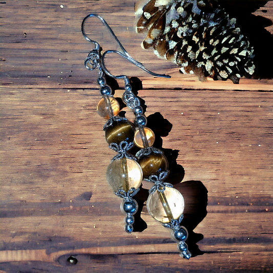 Brown Tiger Eye and Citrine Earrings