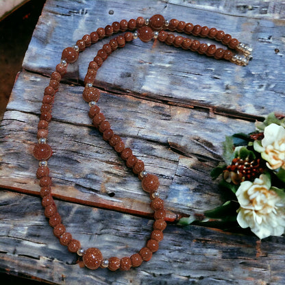 Necklace: Brown Goldstone with Silver Plated Hematite