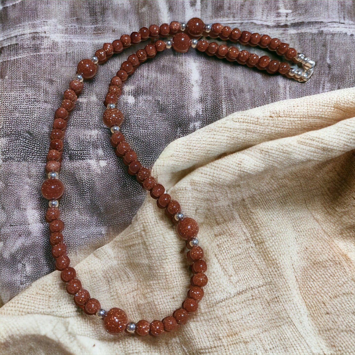 Necklace: Brown Goldstone with Silver Plated Hematite