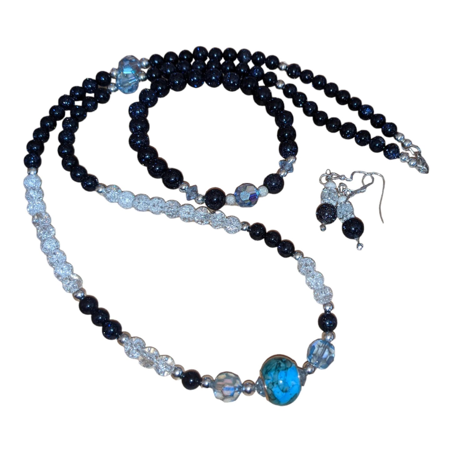 JEWELRY SET: Blue Goldstone, Vintage Blue and Cracked Crystal Necklace, Bracelet and Earrings