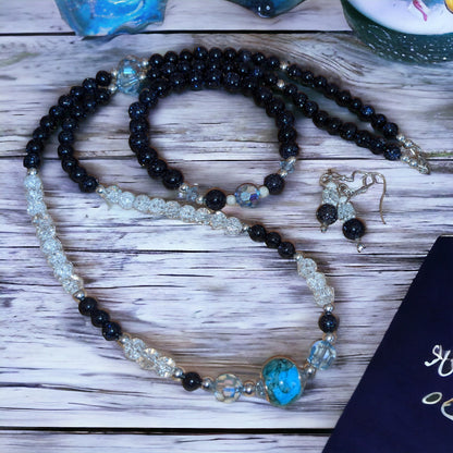 JEWELRY SET: Blue Goldstone, Vintage Blue and Cracked Crystal Necklace, Bracelet and Earrings