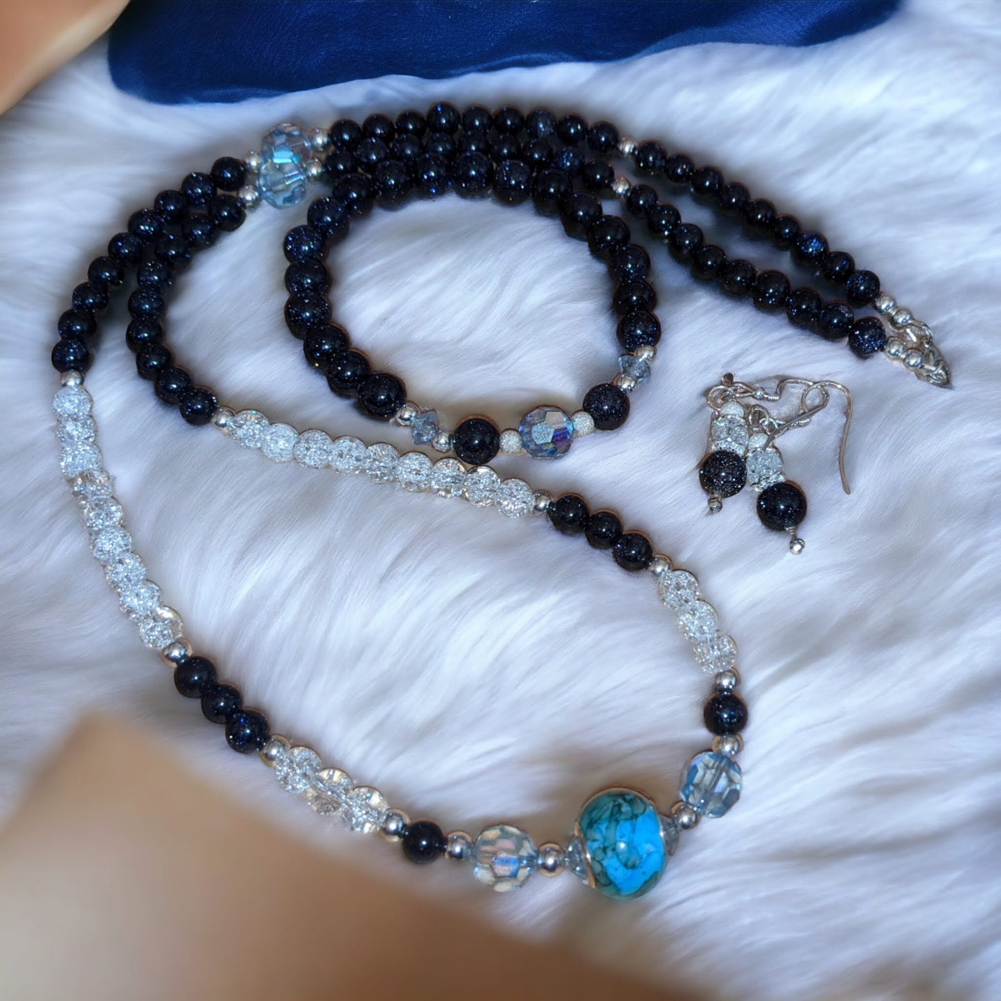 JEWELRY SET: Blue Goldstone, Vintage Blue and Cracked Crystal Necklace, Bracelet and Earrings