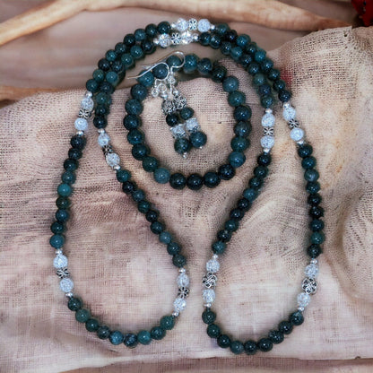 JEWELRY SET: Moss Agate and Cracked Crystal Necklace, Bracelet and Earrings