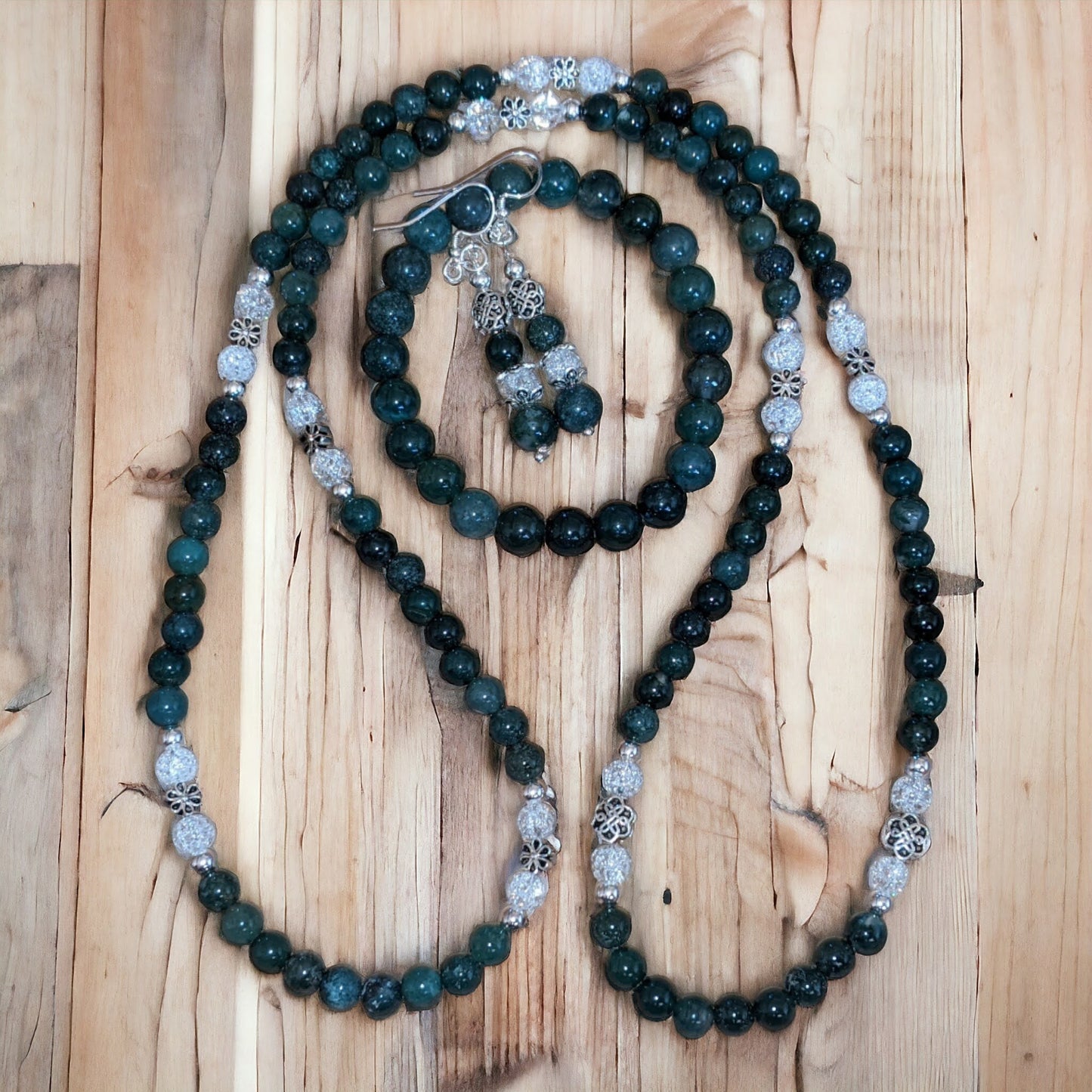 JEWELRY SET: Moss Agate and Cracked Crystal Necklace, Bracelet and Earrings