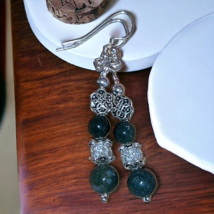 Moss Agate and Cracked Crystal Earrings