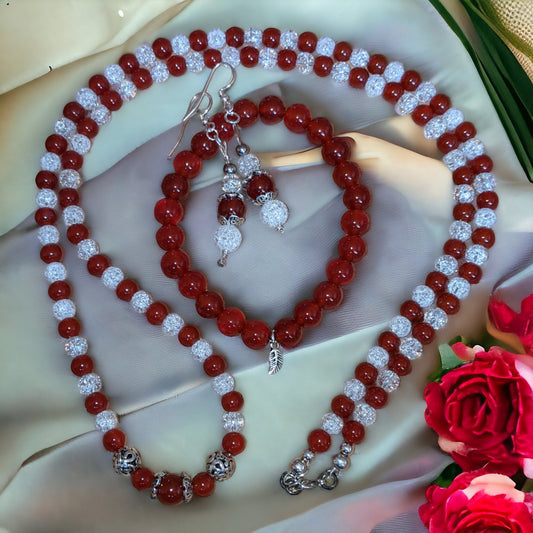 JEWELRY SET: Carnelian & Cracked Crystal Necklace, Bracelet and Earrings