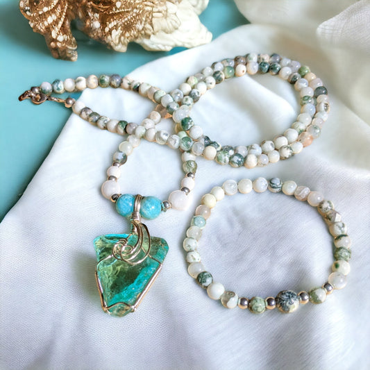 JEWELRY SET: Pine Tree Agate, White Jade and Mozambique Amazonite with Sea Glass Charm Necklace and Bracelet