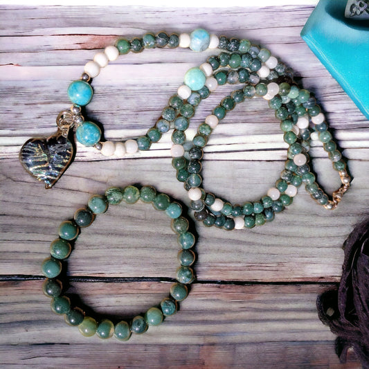 JEWELRY SET: Moss Agate and White Jade with Amazonite Necklace and Bracelet