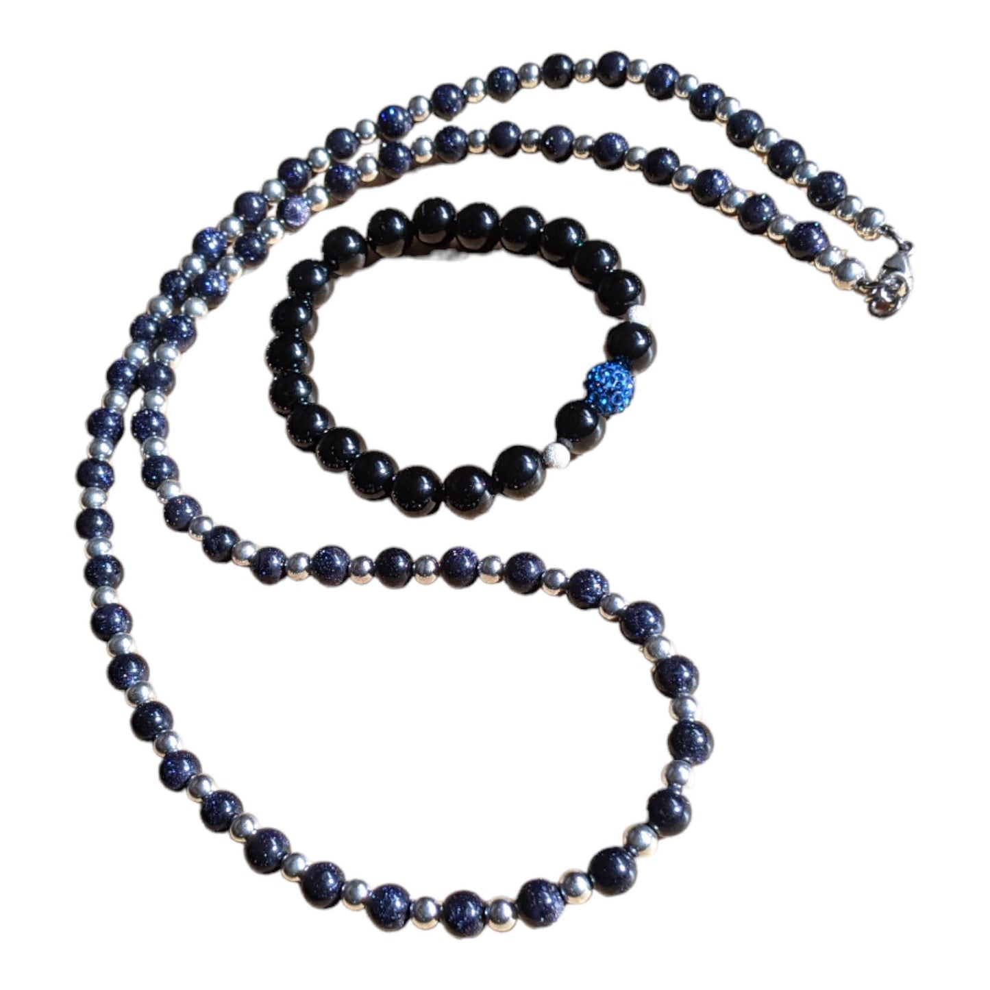 Necklace: Blue Goldstone with Silver Plated Hematite Necklace and Onyx Bracelet