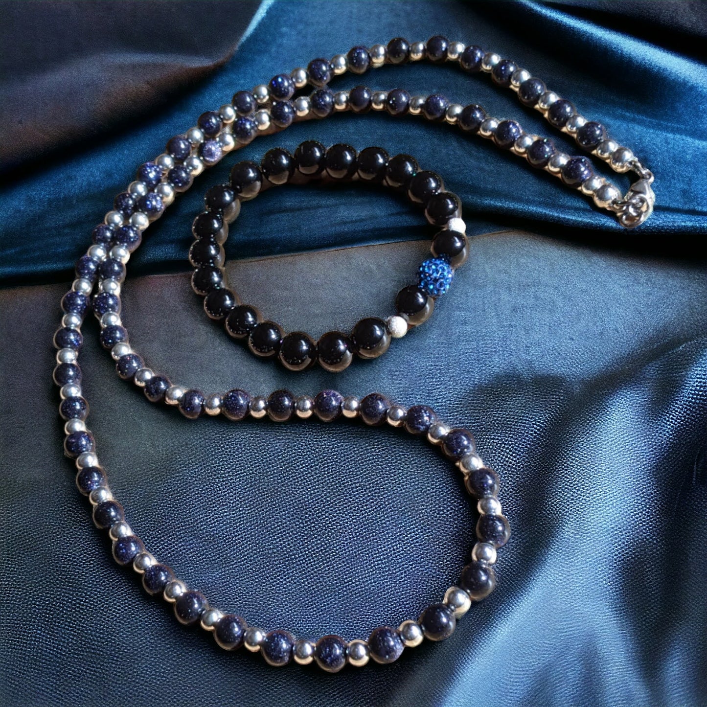 Necklace: Blue Goldstone with Silver Plated Hematite Necklace and Onyx Bracelet