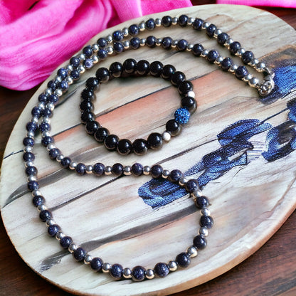 Necklace: Blue Goldstone with Silver Plated Hematite Necklace and Onyx Bracelet