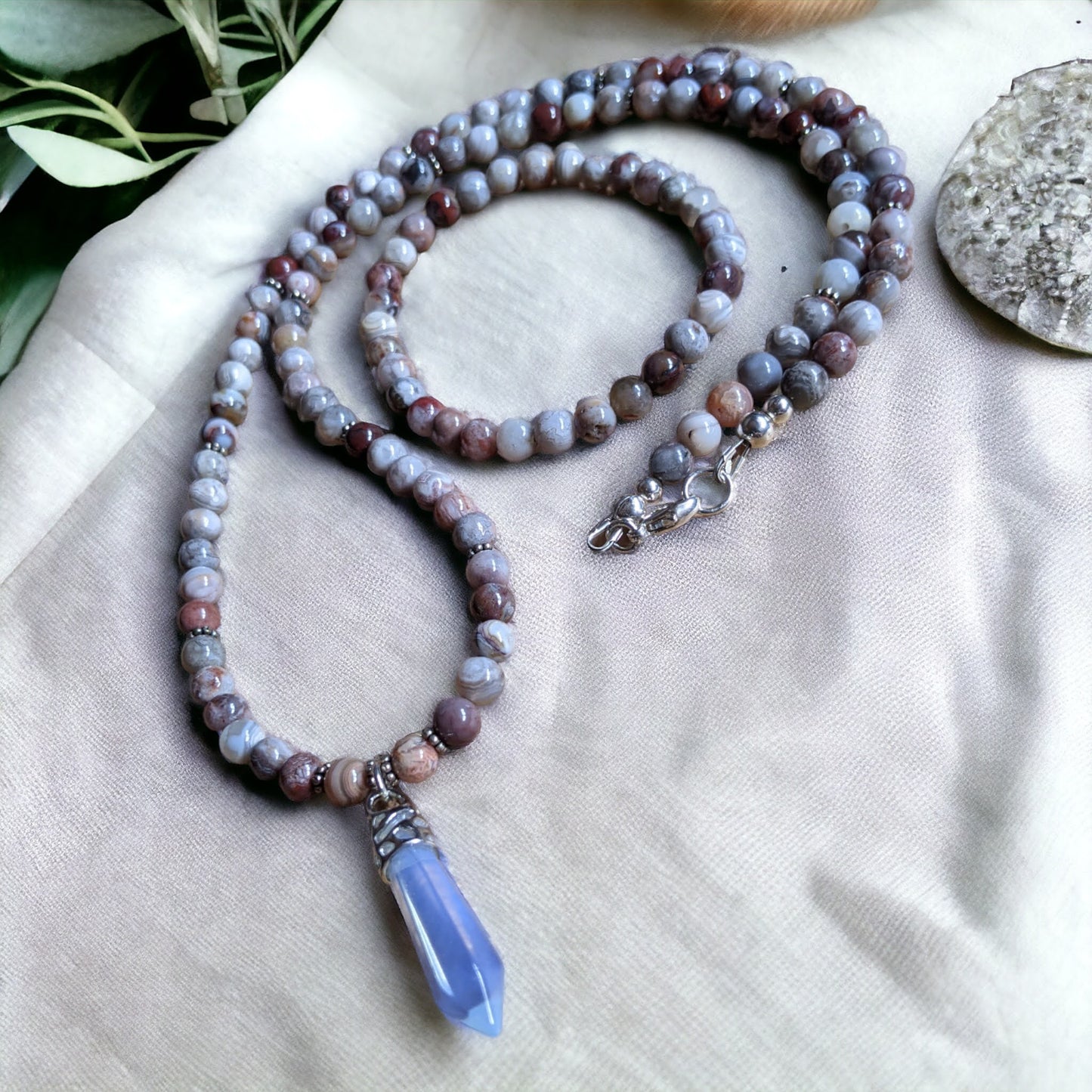 JEWELRY SET: Mexican Lace Agate with Opalite Pendant Necklace and Bracelet