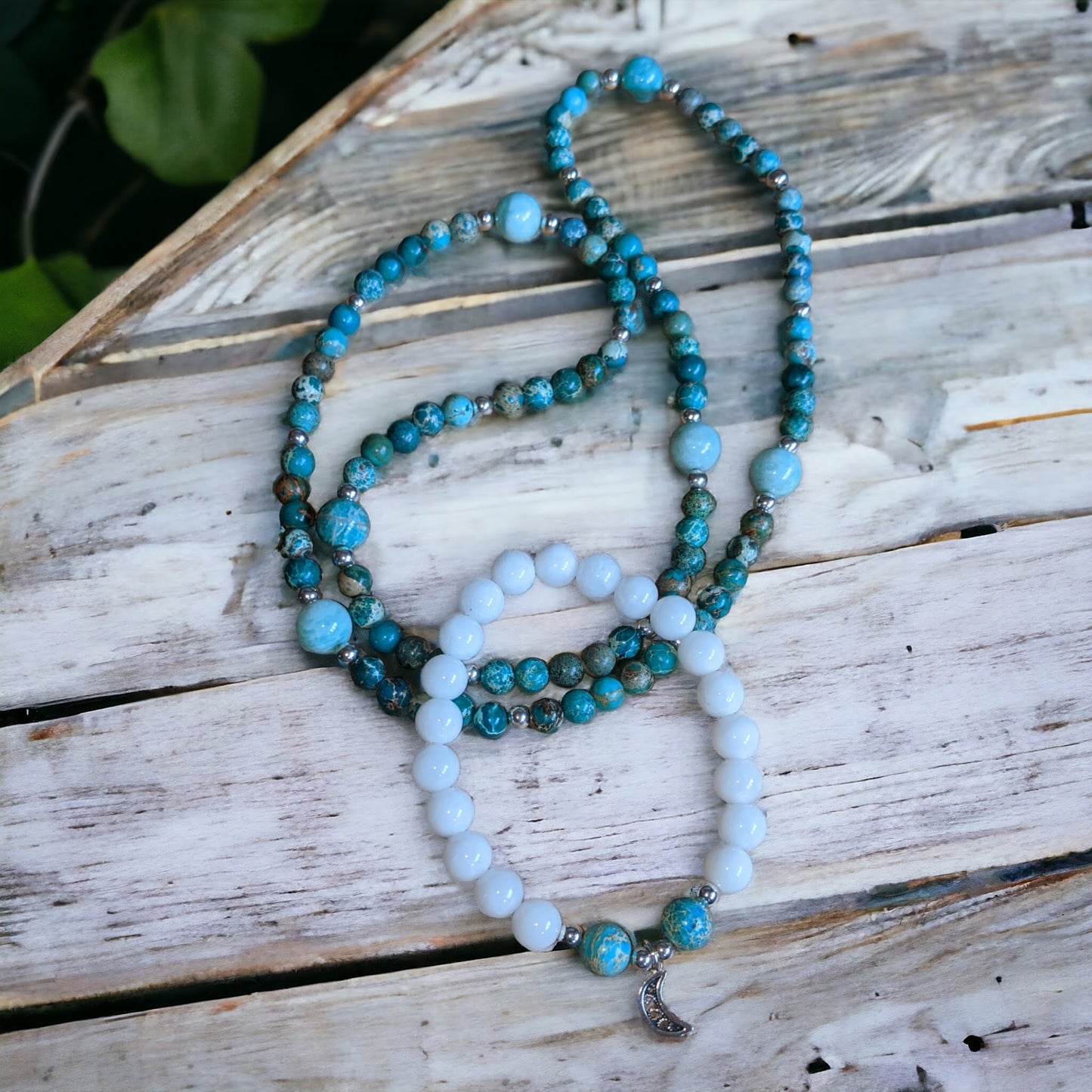 JEWELRY SET: Green Emperor Stone Jasper and Mozambique Amazonite Necklace with White Jade Bracelet