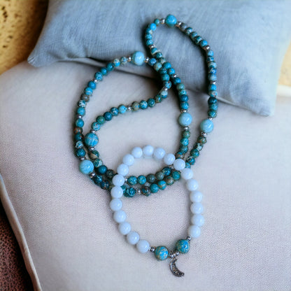 JEWELRY SET: Green Emperor Stone Jasper and Mozambique Amazonite Necklace with White Jade Bracelet