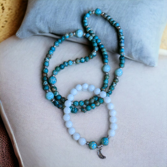 JEWELRY SET: Green Emperor Stone Jasper and Mozambique Amazonite Necklace with White Jade Bracelet