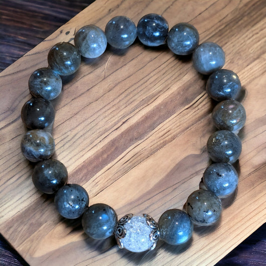 10MM Labradorite Bracelet with Cracked Crystal Centre Bead