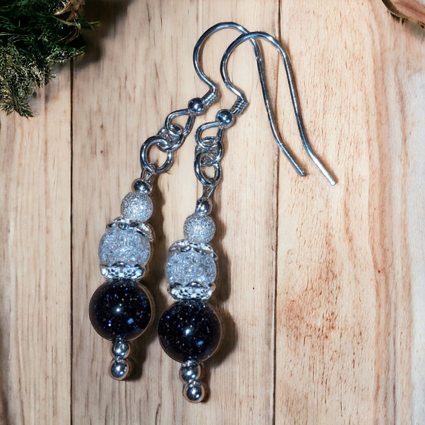 Blue Goldstone and Cracked Crystal Earrings