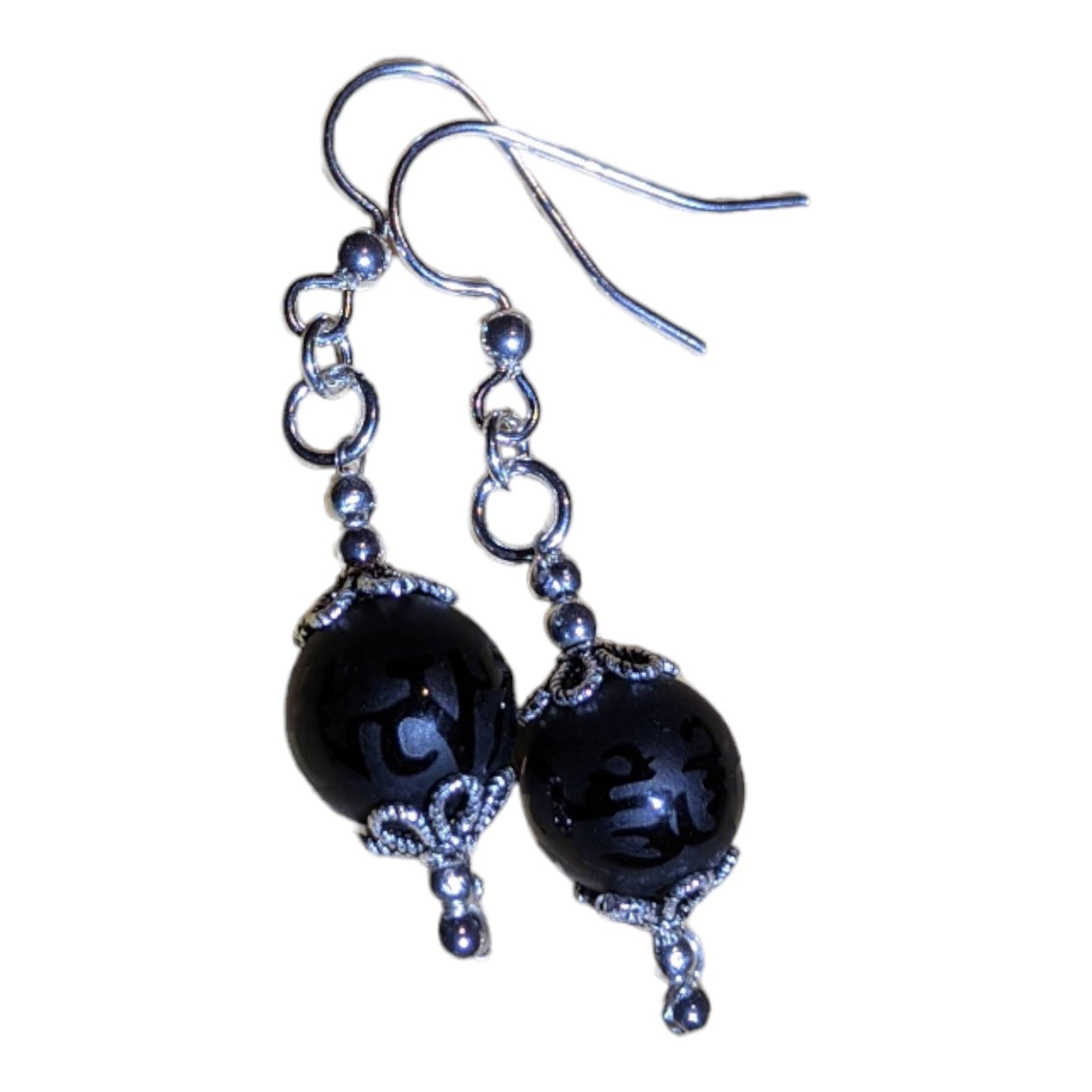 Black Onyx Big Bead with Tibetan Inscriptions Earrings