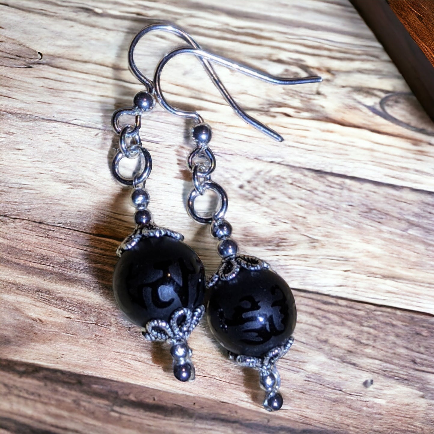 Black Onyx Big Bead with Tibetan Inscriptions Earrings