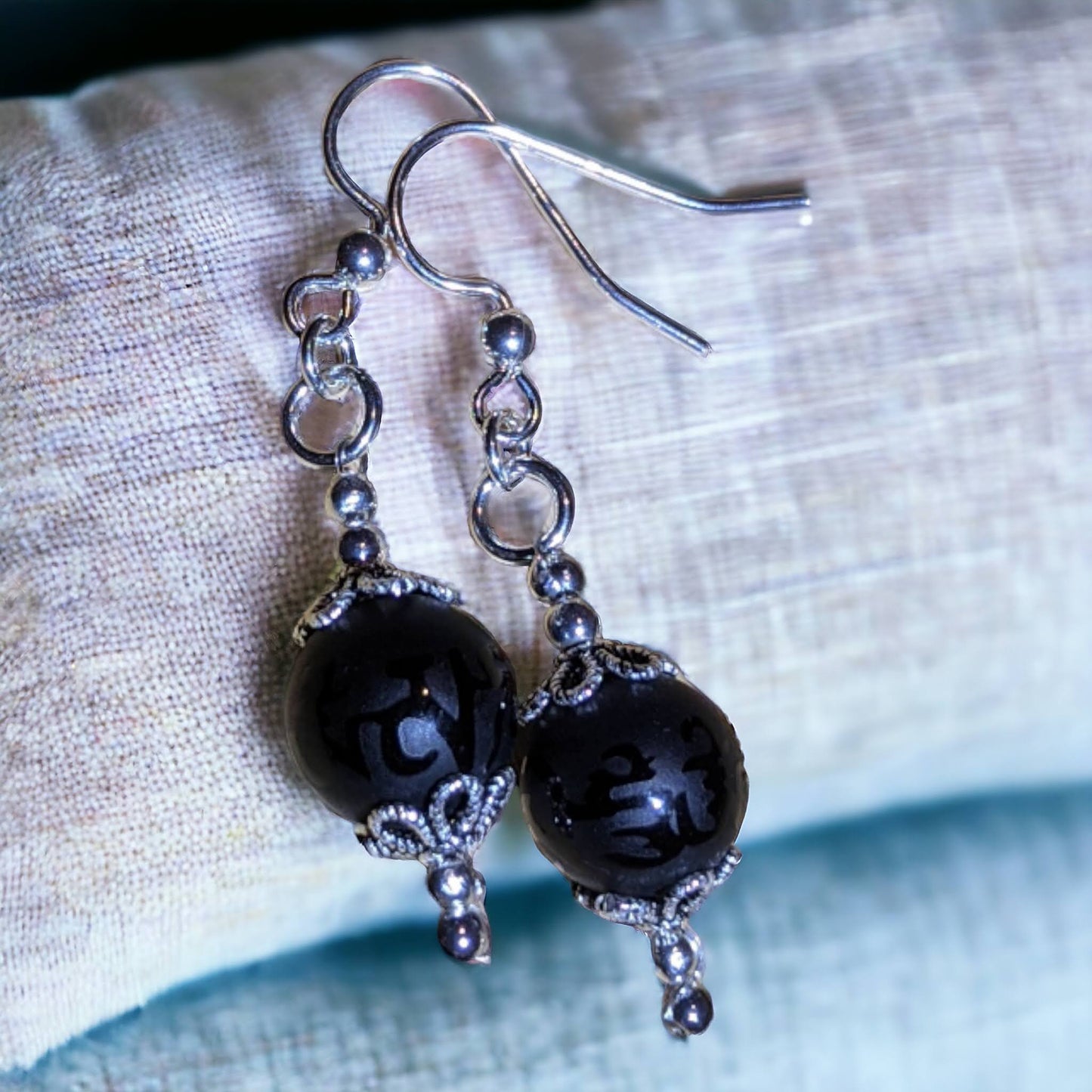 Black Onyx Big Bead with Tibetan Inscriptions Earrings