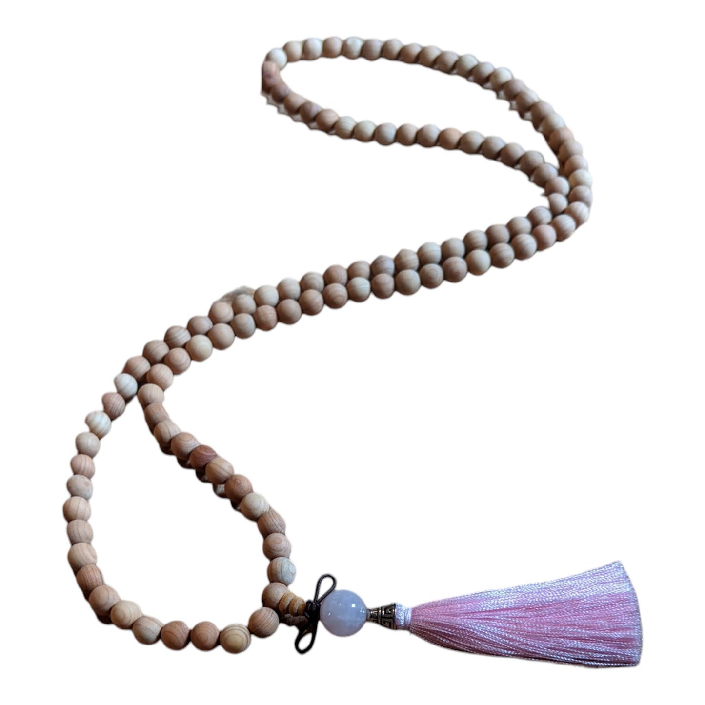 Mala: Sandalwood with Rose Quartz Guru Bead and a Pink Tassel