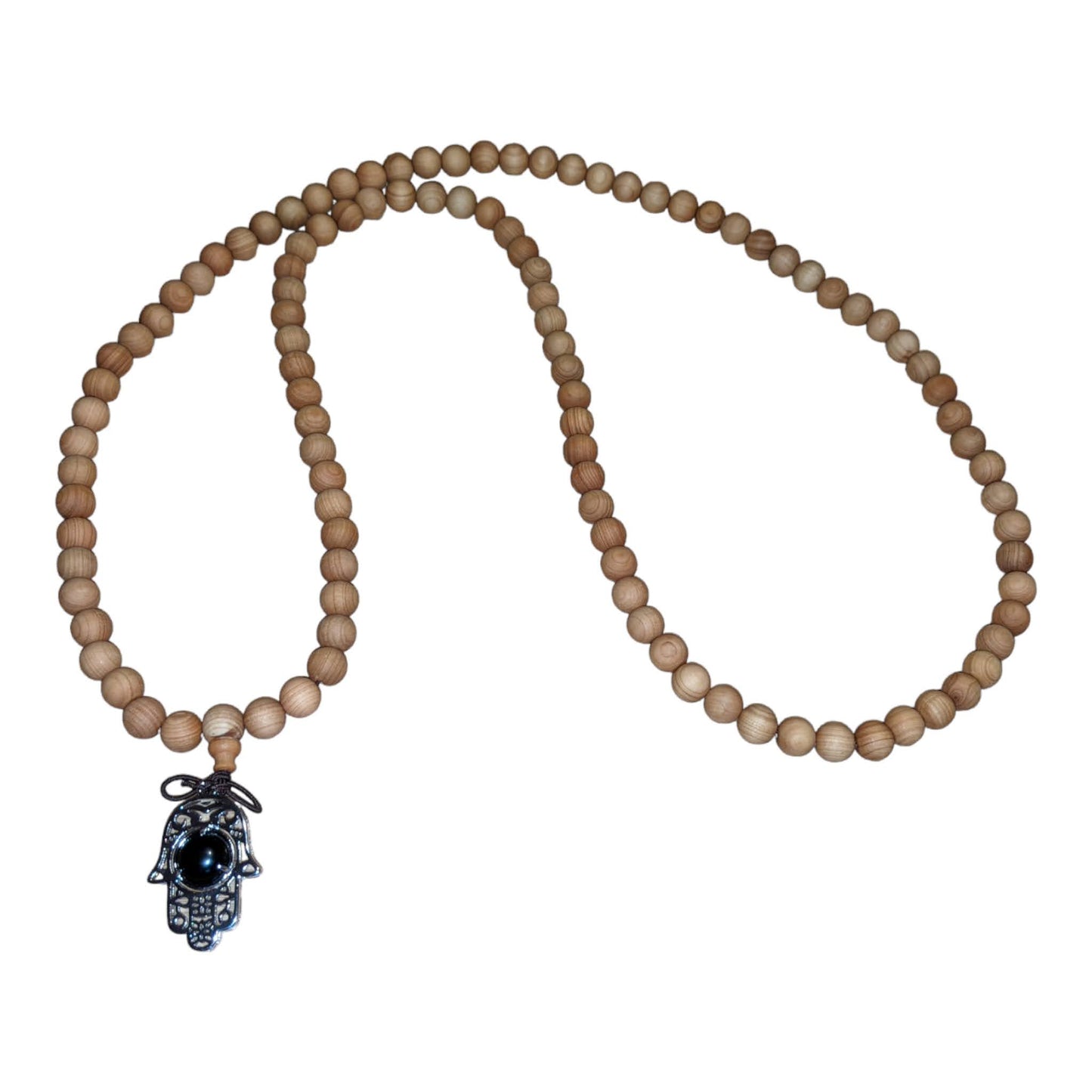 Mala: Sandalwood with Black Obsidian Hamsa Hand Protection Charm