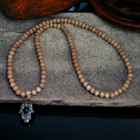 Mala: Sandalwood with Black Obsidian Hamsa Hand Protection Charm