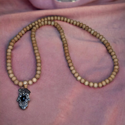 Mala: Sandalwood with Black Obsidian Hamsa Hand Protection Charm