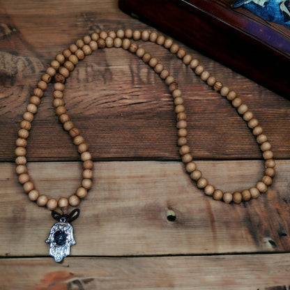 Mala: Sandalwood with Sodalite Hamsa Hand Protection Charm