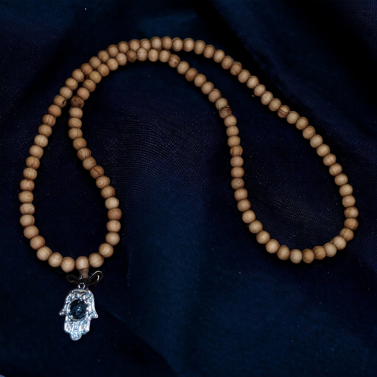 Mala: Sandalwood with Sodalite Hamsa Hand Protection Charm