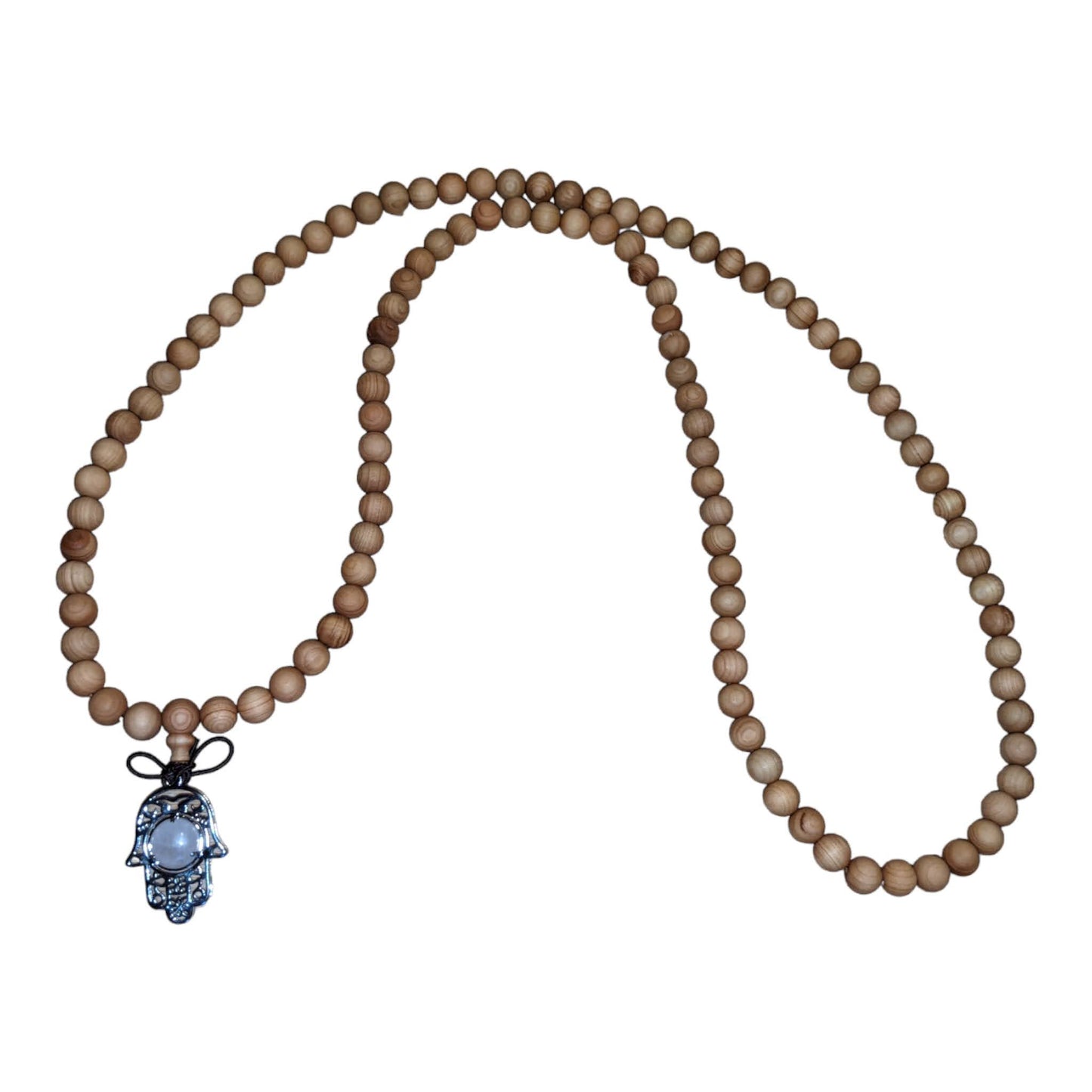 Mala: Sandalwood with Rose Quartz Hamsa Hand Protection Charm