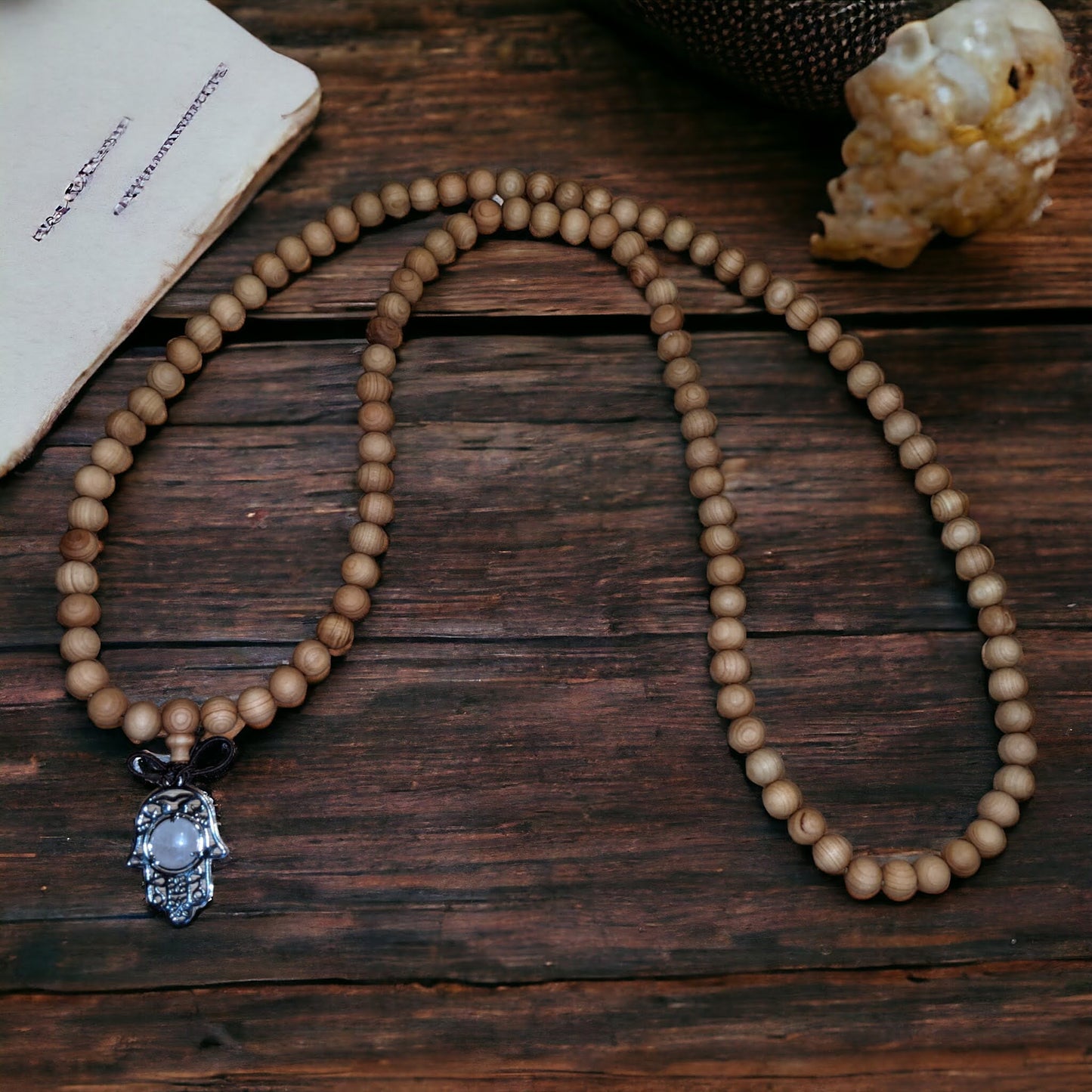 Mala: Sandalwood with Rose Quartz Hamsa Hand Protection Charm