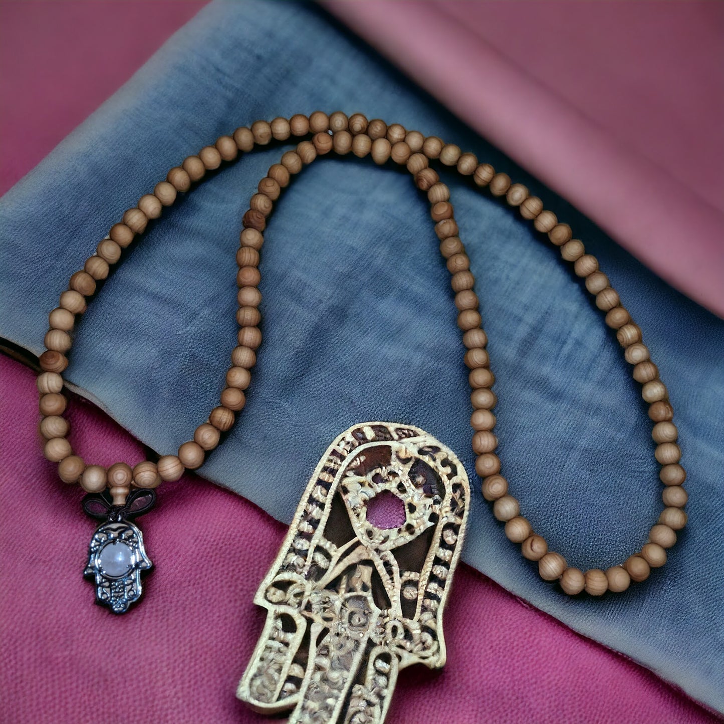 Mala: Sandalwood with Rose Quartz Hamsa Hand Protection Charm