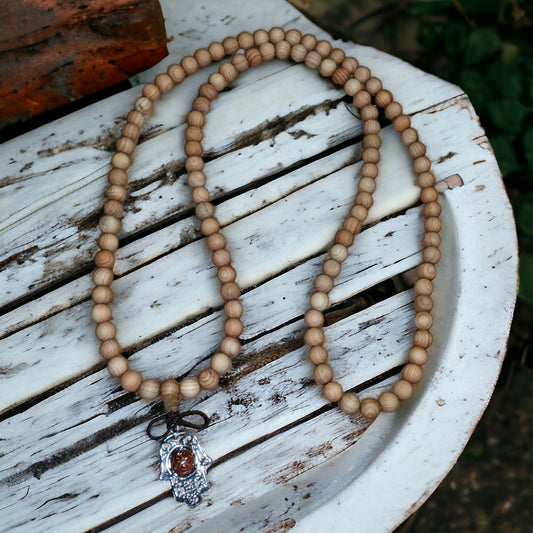 Mala: Sandalwood with Brown Goldstone Hamsa Hand Protection Charm